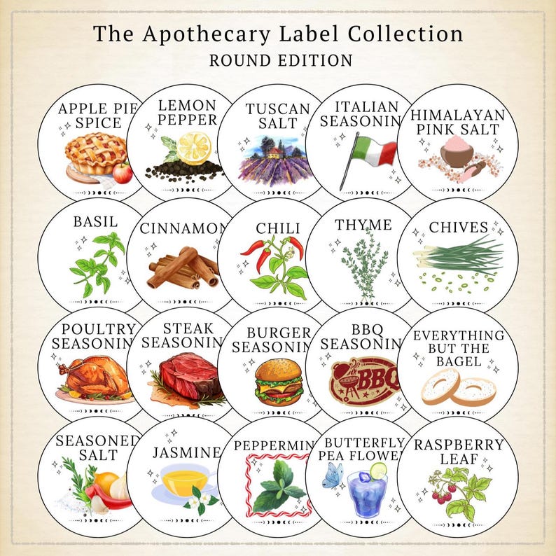 Round Spice Labels | Printable Apothecary Spice Jar Stickers | Kitchen Organization | Kitchen Witch Décor | Pantry Labels | Digital Download imagen 1