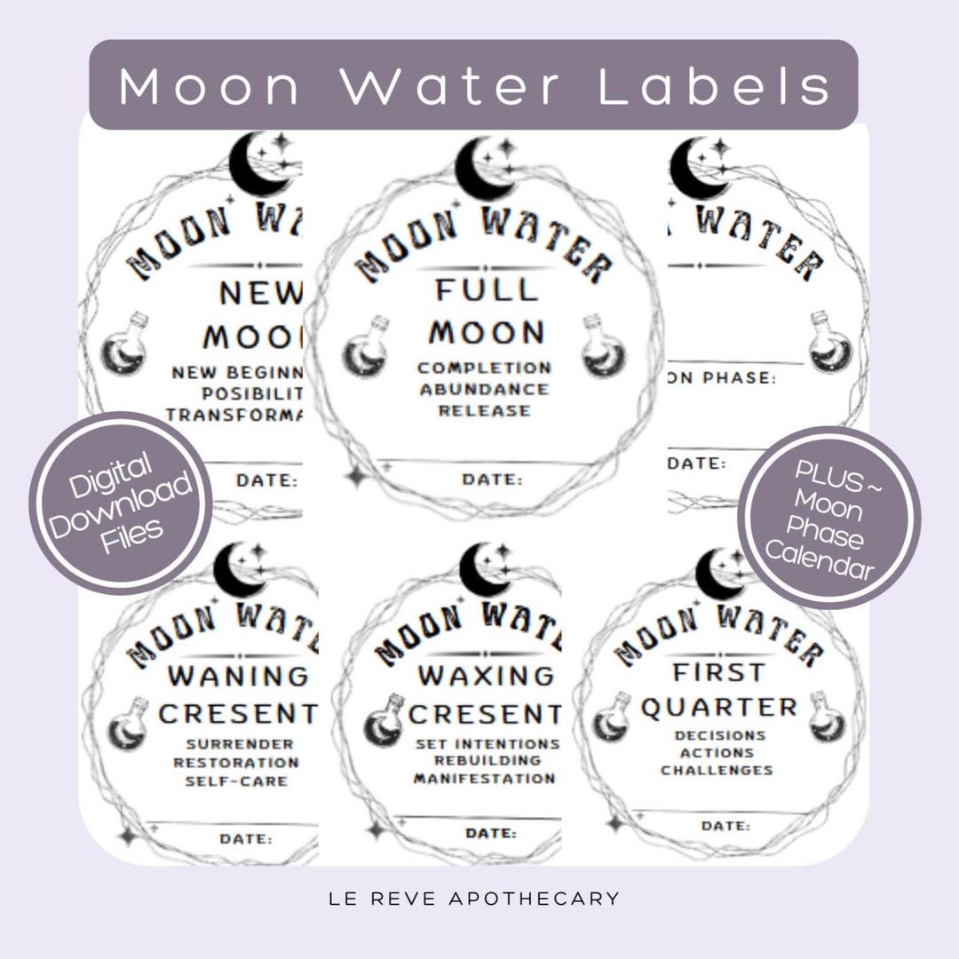 Moon Water Labels & 2026 Moon Phase Calendar: Printable Decor (digital ...