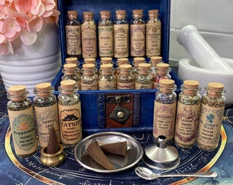 24 Herb Apothecary Kit with Vintage Wooden Chest | Ritual Herbs | Witchcraft Supplies | Spell Kit | Altar Decor | Wiccan Gift