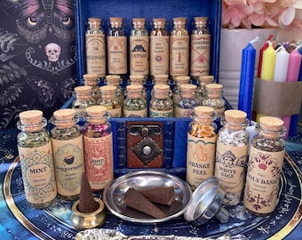 Kit de boticario de 24 hierbas con cofre de madera de estilo vintage / Suministros de brujería