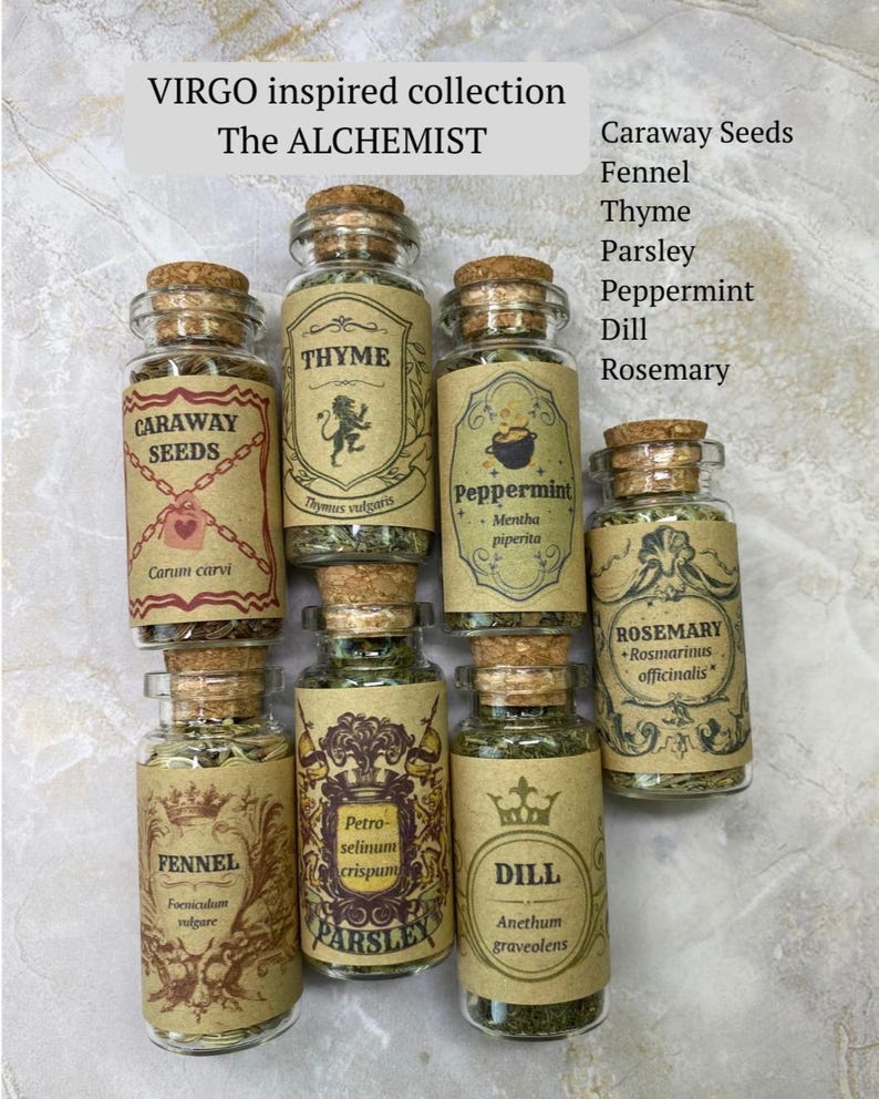 May include: Seven clear glass jars with cork stoppers containing dried herbs and seeds. Labels read: VIRGO inspired collection, The ALCHEMIST, Caraway Seeds, Thyme, Peppermint, Fennel, Parsley, Dill, and Rosemary. Each label features unique illustrations.