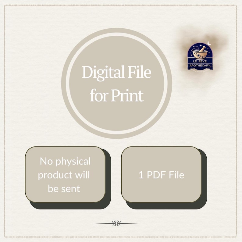 Puede incluir: Archivo digital para imprimir con el texto "No se enviar&aacute; ning&uacute;n producto f&iacute;sico" y "1 archivo PDF". Una peque&ntilde;a insignia con el texto "Le Reve Apothecary" est&aacute; en la esquina superior derecha. La imagen est&aacute; sobre un fondo color crema.