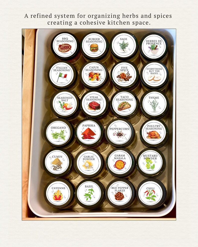 Puede incluir: Una colecci&oacute;n de botes de especias con tapas negras, cuidadosamente dispuestos en una bandeja blanca. Cada bote est&aacute; etiquetado con un nombre de especia diferente, como "BBQ Seasoning", "Italian Seasoning" y "Cajun Seasoning". El texto en la parte superior dice: "Un sistema refinado para organizar hierbas y especias creando un espacio de cocina cohesivo."