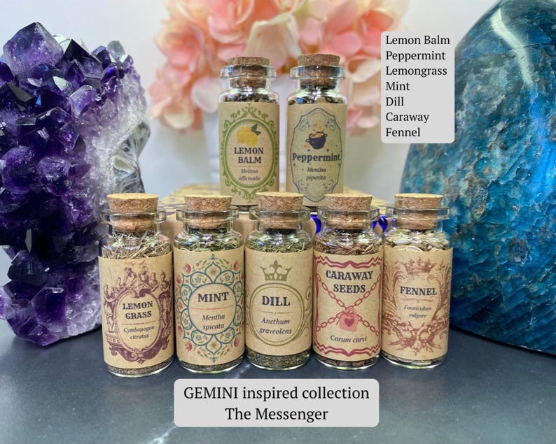 May include: A collection of nine small glass jars with cork stoppers, each filled with dried herbs and labeled with names including Lemon Balm, Peppermint, Lemongrass, Mint, Dill, Caraway Seeds, and Fennel. The labels feature decorative borders and text.
