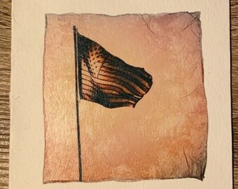 American Flag Photo Transfer 1 on Watercolor Paper, Polaroid Emulsion Lift