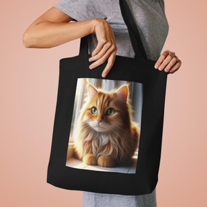 Cotton Tote Bag - Fluffy Cat Design, Kitty Lover Gift, Reusable Shopping Bag, Cute Pet Illustration, Eco-Friendly Shoulder Bag, Animal Print