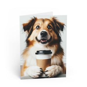 Dog Drinking Coffee Greeting Cards, Cute Animal Cards, Pet Lover Stationery, Coffee Lover Gifts, Birthday Card Set