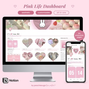 Puede incluir: Un diseño de panel digital rosa que se muestra en un monitor de computadora y un teléfono inteligente. El panel presenta una estética con temática de corazón con varios widgets y el texto "Pink Life Dashboard". El diseño incluye el texto "aesthetic", "customizable" y "all-in-one".