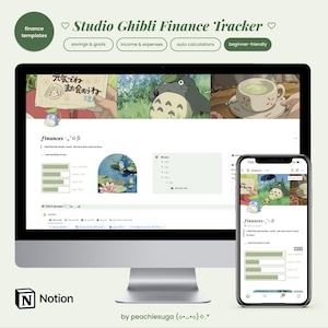 May include: A computer monitor and smartphone displaying a Studio Ghibli-themed finance tracker. The screen shows a budget template with savings, income, and expense sections. The design includes illustrations and the text "Studio Ghibli Finance Tracker."
