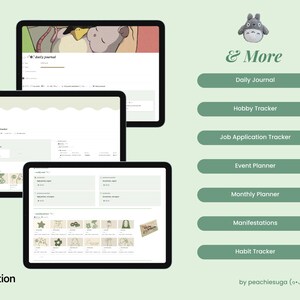 May include: A screenshot of a Notion workspace with a green and white color scheme. The workspace is divided into several sections, including a daily journal, a hobby tracker, a job application tracker, an event planner, a monthly planner, a manifestations tracker, and a habit tracker. The workspace is designed to help users organize their lives and track their progress.