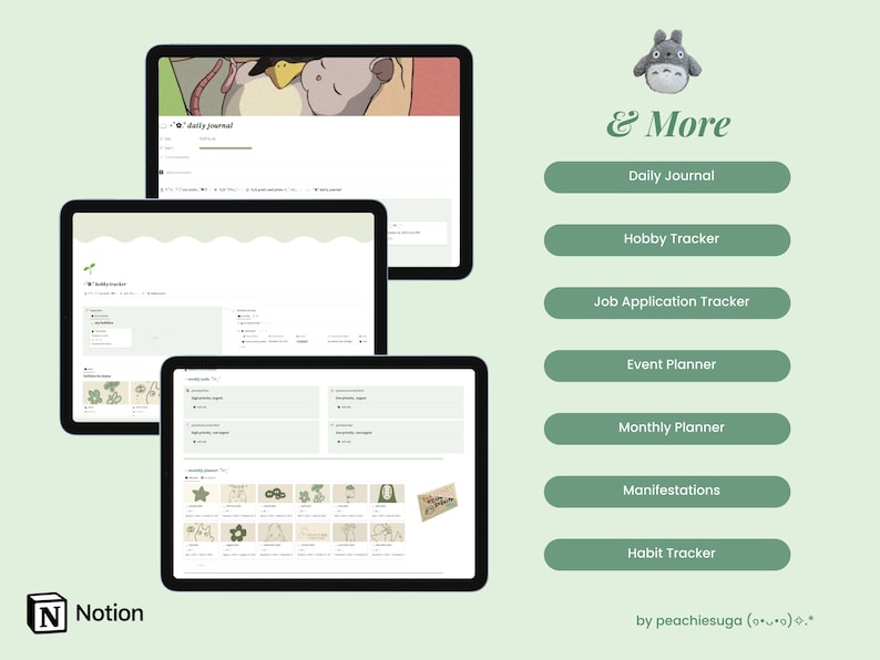 May include: A screenshot of a Notion workspace with a green and white color scheme. The workspace is divided into several sections, including a daily journal, a hobby tracker, a job application tracker, an event planner, a monthly planner, a manifestations tracker, and a habit tracker. The workspace is designed to help users organize their lives and track their progress.