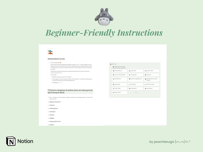 May include: A screenshot of a Notion page with the title "Beginner-Friendly Instructions". The page contains instructions on how to use Notion, as well as tips for beginners. The page also includes a table with a list of different Notion templates.