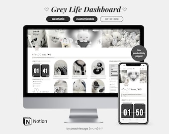 2026 Minimalist Grey Monochrome Notion Template | Notion All-In-One Life Planner, Aesthetic Notion Dashboard