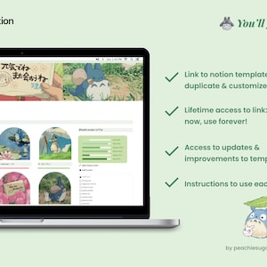 May include: A laptop screen displaying a Notion page with a green and white color scheme. The page features a title that reads "元気でね また会おうね" and several images of characters from the animated film "My Neighbor Totoro". The page also includes a section with a green progress bar and the text "Habit tracker for July".