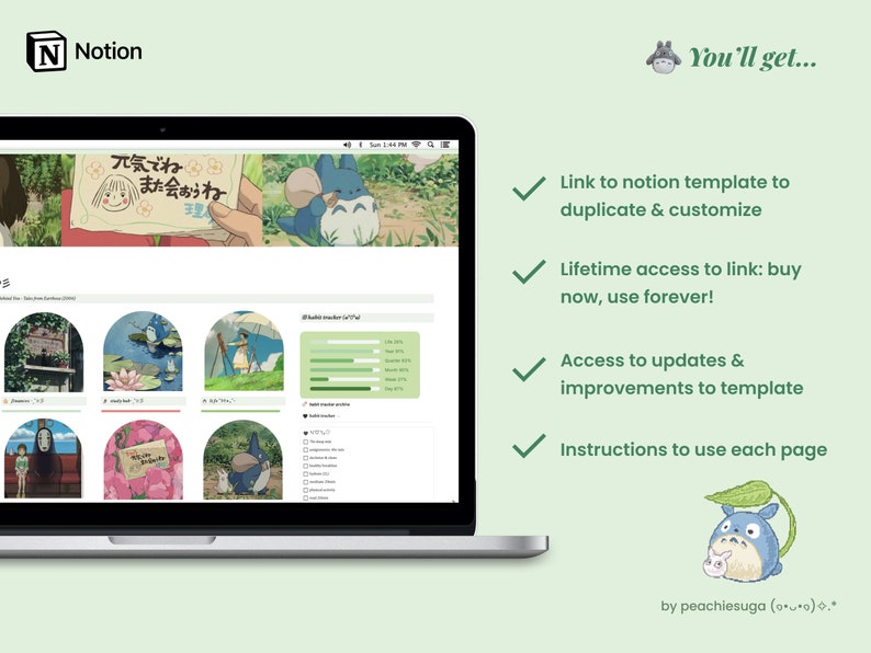 May include: A laptop screen displaying a Notion page with a green and white color scheme. The page features a title that reads "元気でね また会おうね" and several images of characters from the animated film "My Neighbor Totoro". The page also includes a section with a green progress bar and the text "Habit tracker for July".
