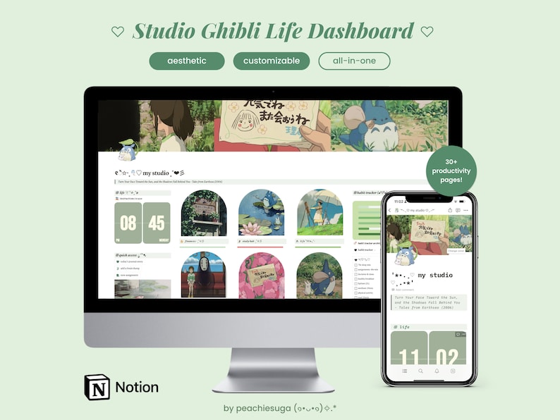 May include: A computer screen and a smartphone display a customizable Notion dashboard with a Studio Ghibli theme. The dashboard features a timer, to-do lists, and other productivity tools. The background image is a scene from the movie "My Neighbor Totoro". The text on the screen reads "e my studio" and "my studio".