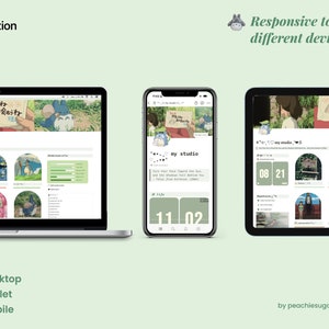 May include: A screenshot of a website on a laptop, tablet, and phone. The website is a light blue and white color scheme with a header that says "my studio". The website has a calendar, a list of tasks, and a section for notes. The website is responsive to different devices, meaning it adjusts to the size of the screen.