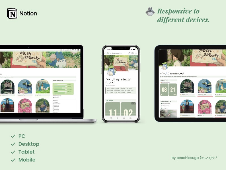 May include: A screenshot of a website on a laptop, tablet, and phone. The website is a light blue and white color scheme with a header that says "my studio". The website has a calendar, a list of tasks, and a section for notes. The website is responsive to different devices, meaning it adjusts to the size of the screen.