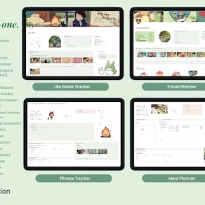May include: A screenshot of a Notion workspace with a green background and a variety of colorful icons. The workspace is divided into sections, each with a different title: "All-in-one", "Life Goals Tracker", "Travel Planner", "Fitness Tracker", and "Meal Planner". The workspace is designed to help users organize their lives and track their progress towards their goals.