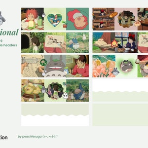 May include: A collage of images from the animated film 'My Neighbor Totoro' featuring Totoro, the Catbus, and other characters. The images are arranged in a grid pattern and are surrounded by a light green background.