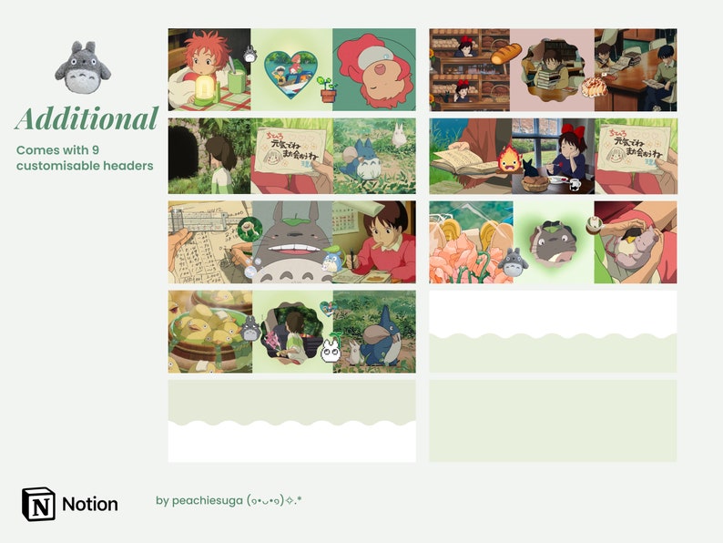 May include: A collage of images from the animated film 'My Neighbor Totoro' featuring Totoro, the Catbus, and other characters. The images are arranged in a grid pattern and are surrounded by a light green background.