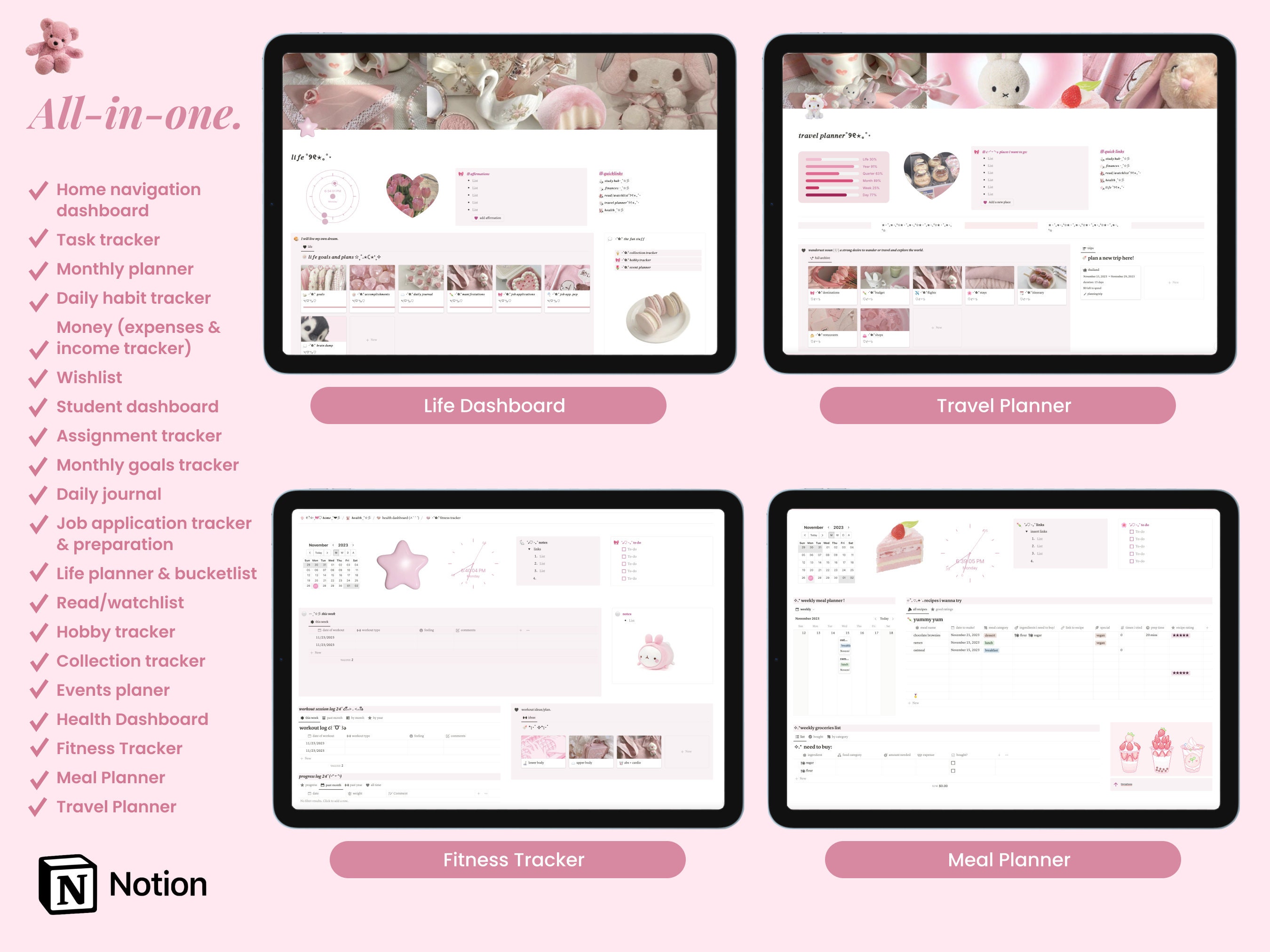 2026 Aesthetic That Girl Pink Notion Template | Notion All-in-one Life ...