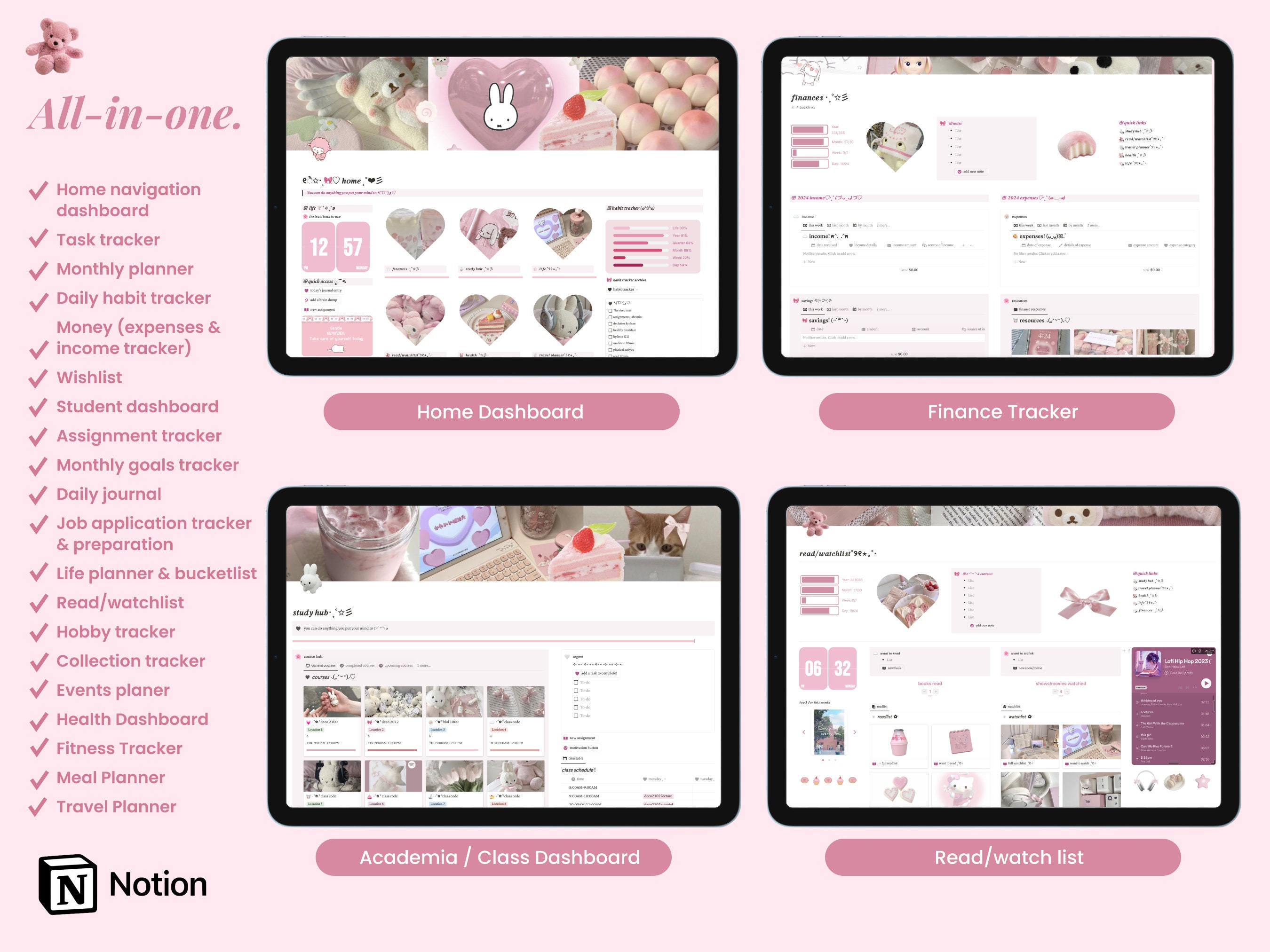 2026 Aesthetic That Girl Pink Notion Template | Notion All-in-one Life ...