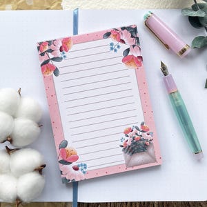 Pink Floral Notepad A6 | botanical bloom Stationery | Cottagecore To Do List | Market Notepad | Illustrated flower Notepad | Cute Memo Pad