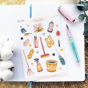 Feuille d'autocollants de nettoyage | Stickers illustrés à la main inspirés du travail ménager | Agenda, carnet, scrapbooking, bujo Adorables stickers uniques