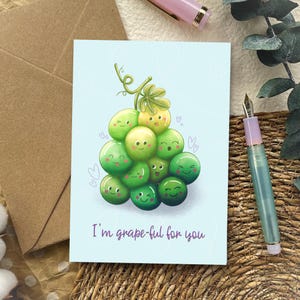 Grapeful for you | Funny Food Pun Thank you Card | A6 Greeting card for him Cute Kawaii card for her Unique Gratitude Card | Card for thanks