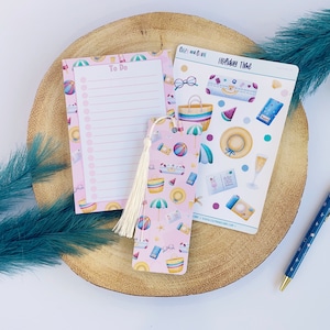 Set regalo - Pacchetto di cancelleria per le cose da fare durante le vacanze / Blocco note A6, adesivi e segnalibro / Blocco note Regalo per amanti dei libri / Adesivi per bullet journal