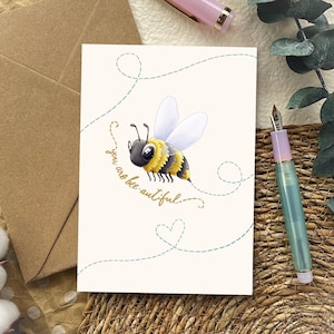 Bee-autiful Wortspiel-Karte | A6 kawaii Biene Grußkarte zum Jahrestag, Niedliche Kawaii Hummel | Paar Karte für Sie, Beste Freundin Geschenkkarte