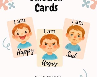 May include: Emotion cards featuring illustrations of a child expressing different emotions. The cards display the words "Happy", "Angry", and "Sad", with corresponding facial expressions. The text "I am" is above each illustration.