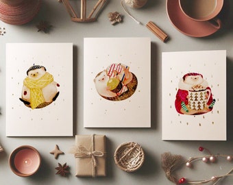 3 Handmade Gold-Painted Holiday Christmas Hedgehog Cards by Poirier Illustration & the Hedgehog Studio| Cute Animal Gifts | A2 ~4.25" x 5.5"