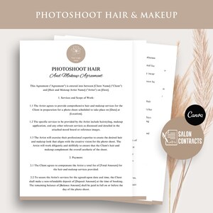 May include: A printable contract template for a photoshoot hair and makeup agreement. The document includes sections for services, scope of work, and payment. The contract is designed for use by hair and makeup artists and their clients.