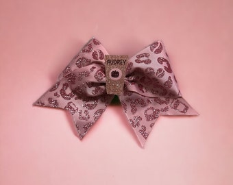 Pumpkin spice leopard cheer bow with glitter and starbucks inspired center with personalization