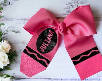 Crayon Bow for back to school with personalized name and glitter, Crayola style cheer bow