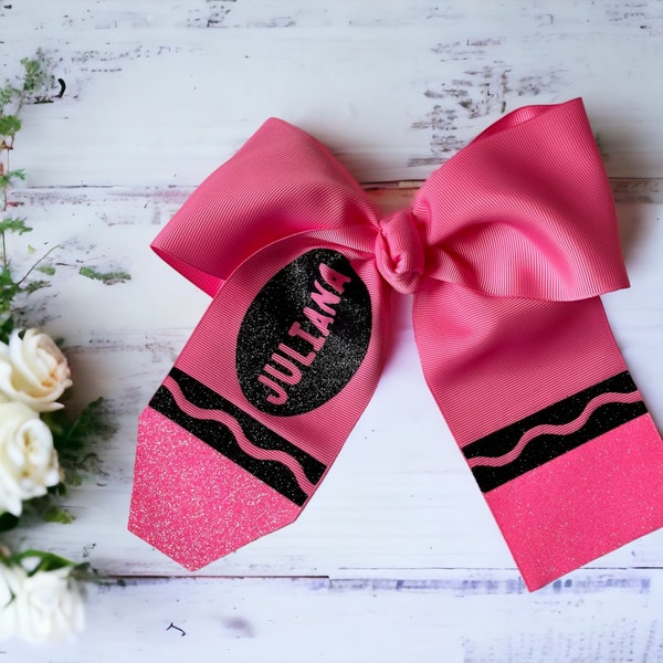 Crayon Bow for back to school with personalized name and glitter, Crayola style cheer bow