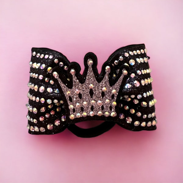 Mini Tailless Cheer Bow Set with Crown Centers with rhinestones, black & silver