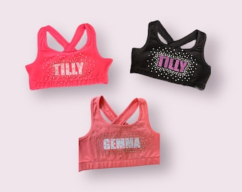 Personalized glitter and rhinestones sports bra for cheer, dance