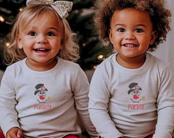 Benutzerdefinierte Langarm-Weihnachtshemd | Bestickter Schneemann Kleinkind T-Shirt | Personalisiertes Shirt für Kleinkinder | Weihnachten Pyjama Shirt für Baby