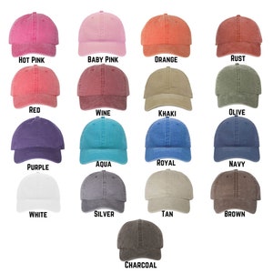 May include: A collection of 15 different colored baseball caps. The caps are arranged in rows of four, with the last row having only one cap. The colors include hot pink, baby pink, orange, rust, red, wine, khaki, olive, purple, aqua, royal, navy, white, silver, tan, brown, and charcoal.