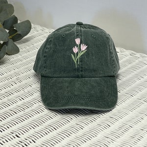 Flower Hat, Custom Embroidered Hat , Tulip Flower Hat , Embroidery Logo baseball hat ,Bachelorette gift, pink flower hat