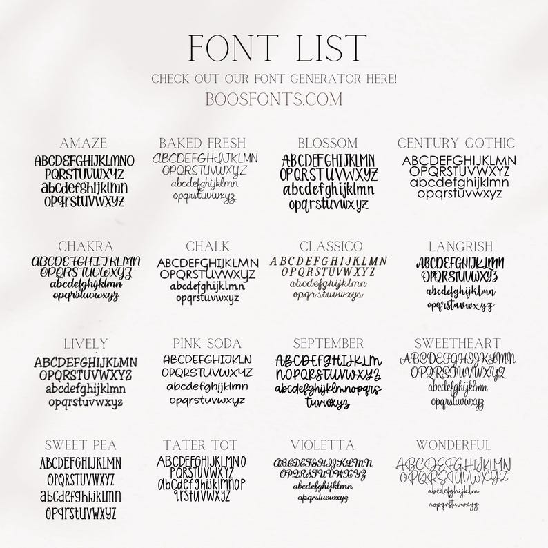 K&ouml;nnte beinhalten: Eine Grafik mit einer Schriftartenliste, die verschiedene Schriftstile wie Amaze, Baked Fresh, Blossom und Century Gothic zeigt. Der Text "FONT LIST" und "BOOSFONTS.COM" sind ebenfalls zu sehen. Jede Schriftart zeigt das Alphabet in Gro&szlig;- und Kleinbuchstaben.