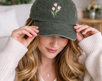 Flower Hat, Custom Embroidered Hat , Tulip Flower Hat , Embroidery Logo baseball hat ,Bachelorette gift, pink icon hat