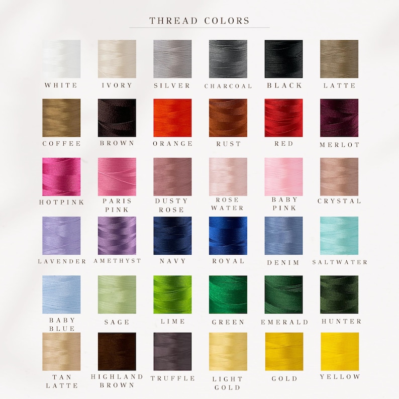 K&ouml;nnte beinhalten: Eine Farbkarte mit einer Vielzahl von Garnfarben. Die Karte ist oben mit &bdquo;THREAD COLORS&ldquo; beschriftet. Zu den Farben geh&ouml;ren Wei&szlig;, Elfenbein, Silber, Holzkohle, Schwarz, Latte, Kaffee, Braun, Orange, Rost, Rot und Merlot.