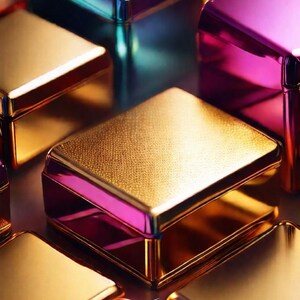 May include: Close-up of several gold-colored, square boxes with a textured surface on top and a contrasting pink or teal border. The boxes are arranged closely together, creating a pattern. The word "Velorria" is visible in the image.