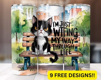 May include: A black and white cat sitting on a park bench with the text "I'm just winging my way through life". The cat has a grumpy expression. The background is a watercolor illustration of a city park with trees and buildings.