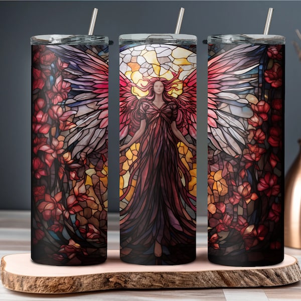 20oz Tumbler Wrap Design, 9.2" x 8.3" Straight Skinny Tumbler Wrap PNG File, Sublimation Design PNG File, Stained Glass Angel Tumbler Wrap