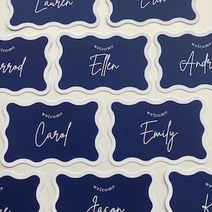 Wave Shape, Hen&#39;s Place Cards, Bridal shower Wavy Edge name card, Navy blue Coasters, Modern Place card, Printed Blue bridal coasters